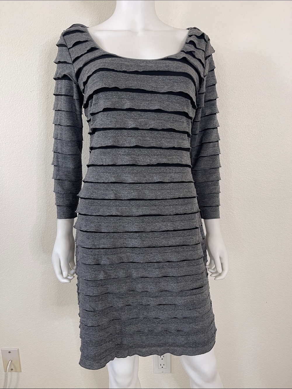 Max Studio Grey Layered Knit Long Sleeve Dress